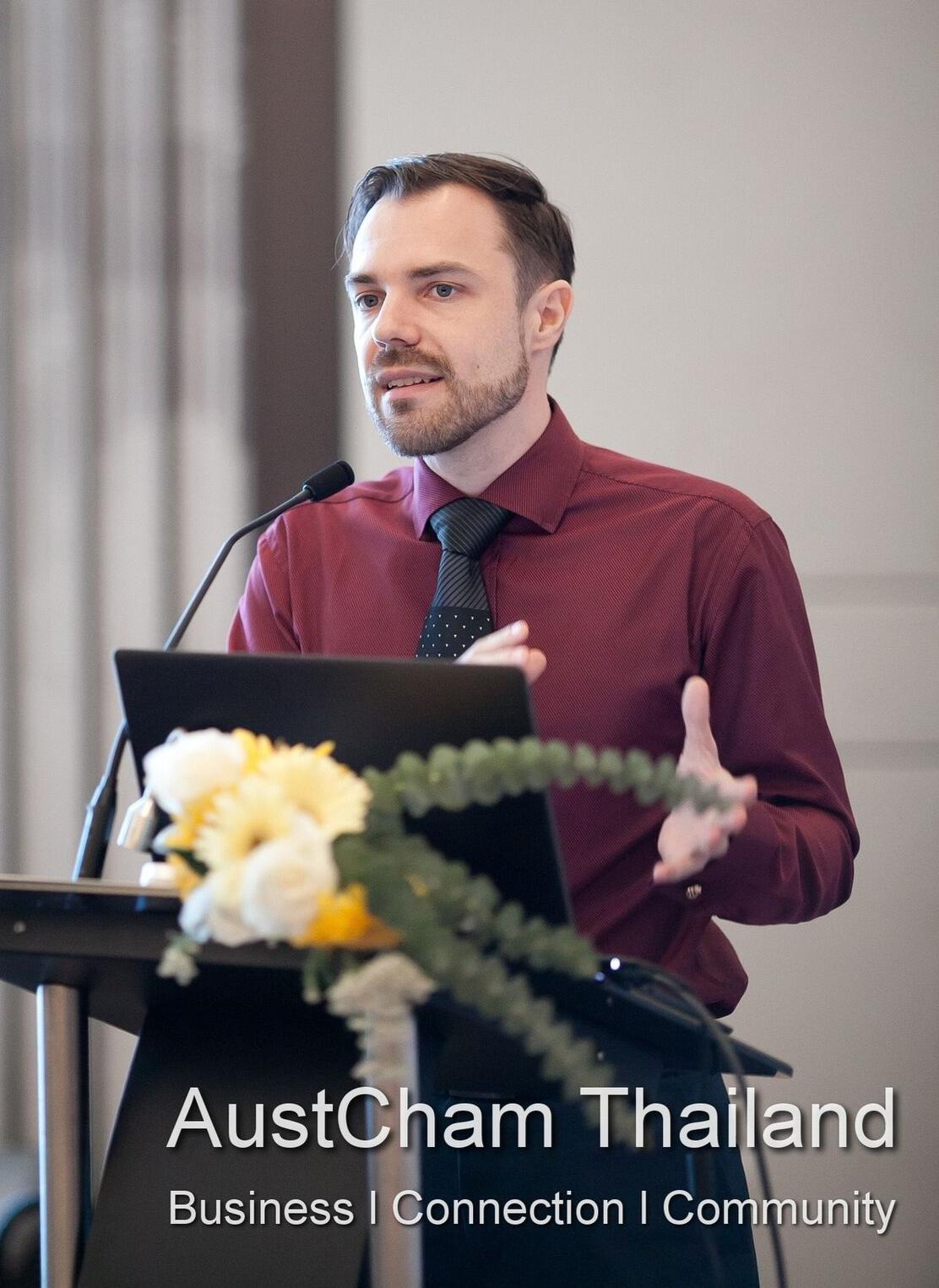Maxime Schmitt speaking at AustCham Thailand